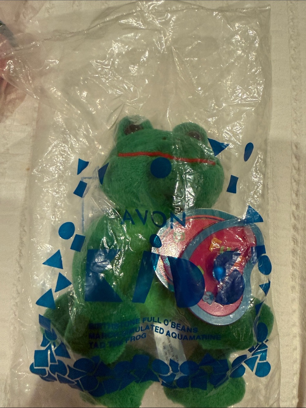 Avon Green Plush Frog with Pink & Blue Badge
